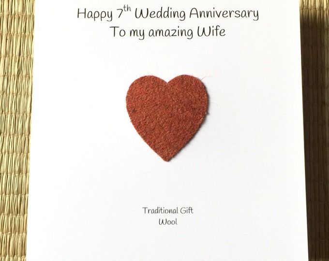 7th Anniversary Card Wool Wedding Anniversary Him Husband Her Wife Pink Red Heart