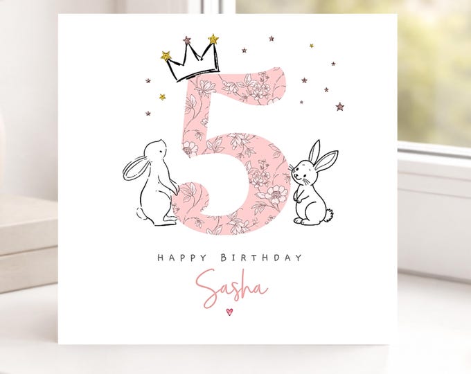 Personalised 5th Birthday Card for Her, pink with Bunny Rabbits