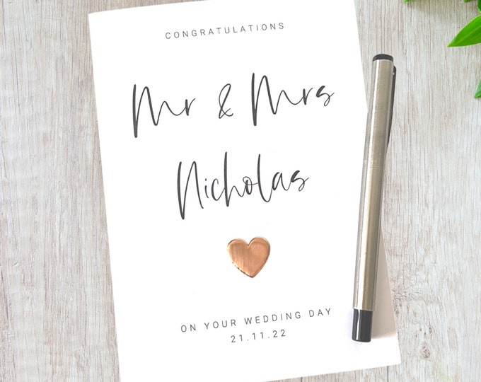 Personalised Wedding Day Card Copper Heart Wedding Card Mr & Mrs