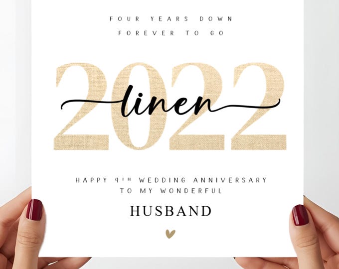 4th Wedding Anniversary Card, Linen, 2022, Him Her