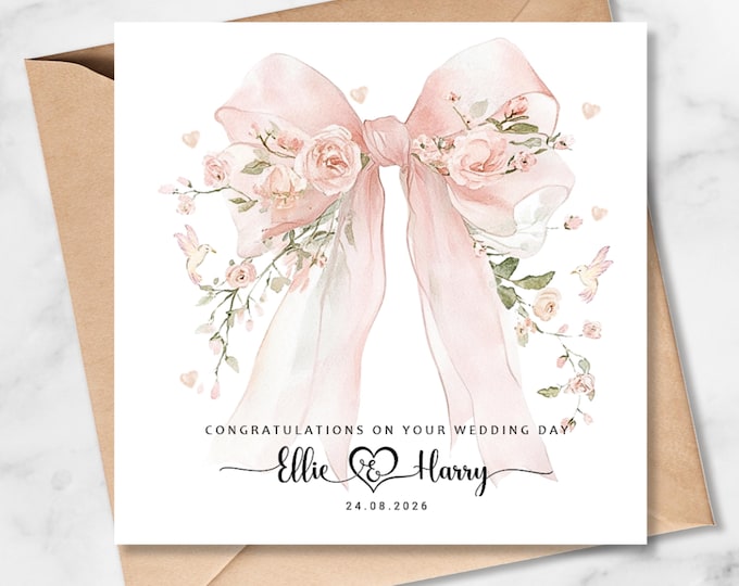 Personalised Wedding Day Card, Pink Bow, Bride, Groom