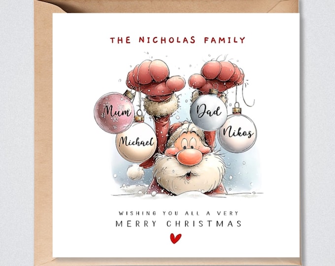 Personalised Family Christmas Card Santa Baubles