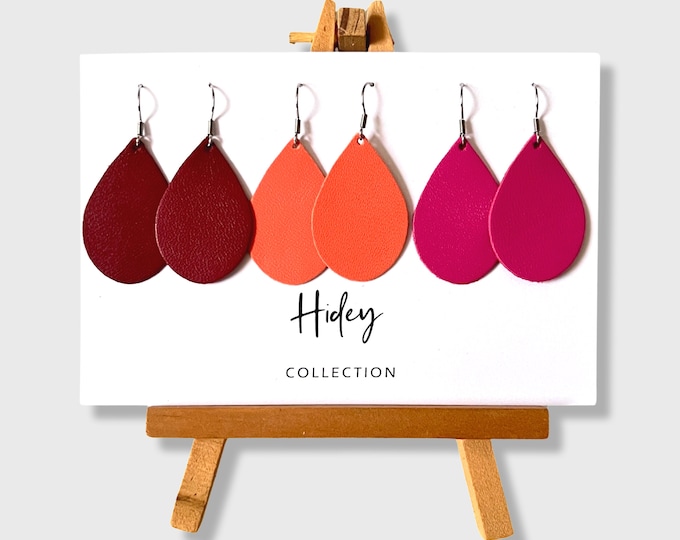 Genuine Leather Teardrop Earrings Set of 3 pairs Grey Gold Teal Orange Green