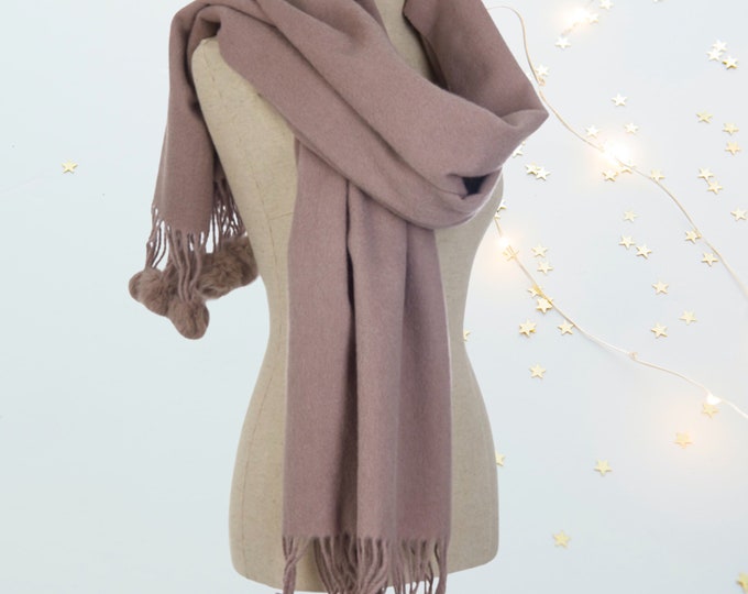 Woman's 100% Wool Scarf with Fur Pom Poms