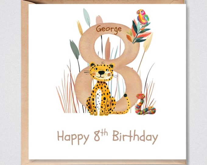 Personalised 8th Birthday Card, for Him or Her, Girl or Boy, Safari Animals