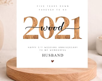 5th Wedding Anniversary Card, 2021 Wood, Him Her