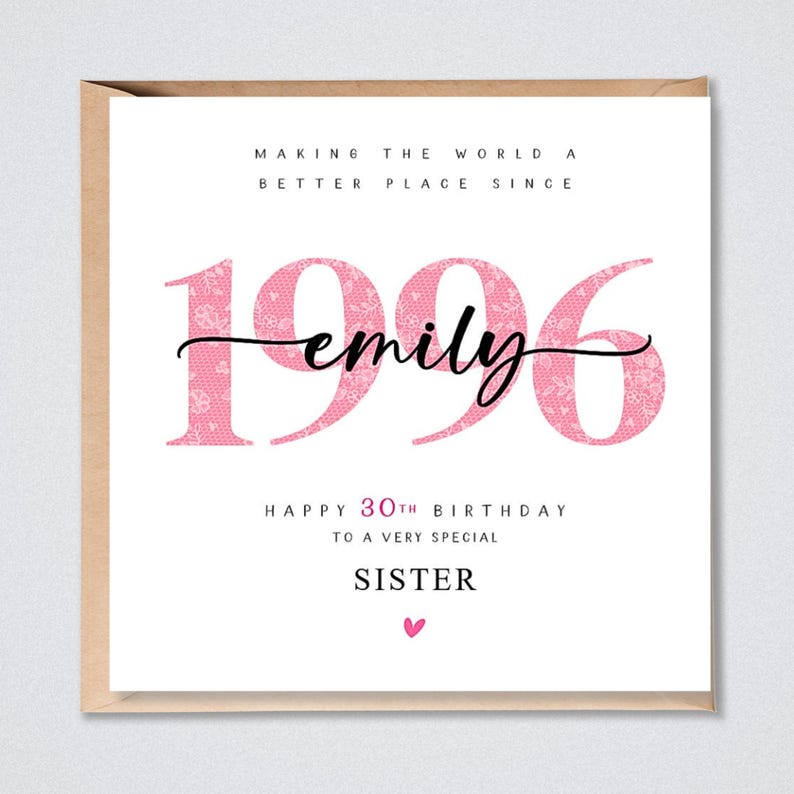 May include: A square greeting card with a white background featuring the text 'MAKING THE WORLD A BETTER PLACE SINCE 1996' in black, with the name 'emily' in black script over large pink lace-patterned numbers, and 'HAPPY 30TH BIRTHDAY TO A VERY SPECIAL SISTER' below.