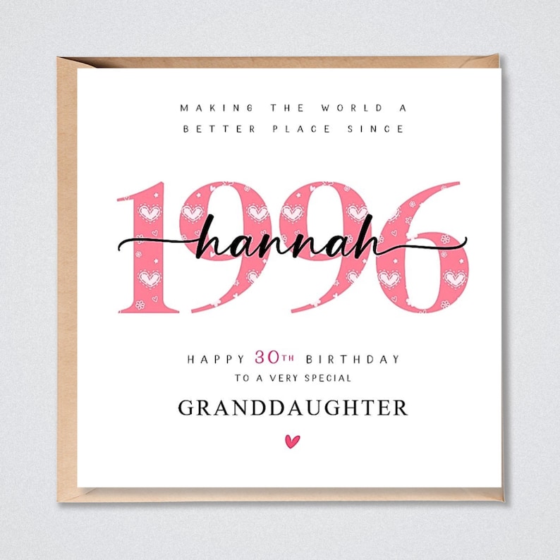 May include: A square greeting card with a white background featuring the pink patterned numbers 1996, the name Hannah in black script, and text reading Making the world a better place since 1996, Happy 30th birthday to a very special granddaughter.