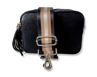 Navy Blue Leather Bag Crossbody Camera Bag Navy Silver Gold Wide Canvas Strap
