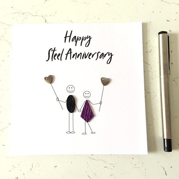 Steel Wedding Anniversary Card 11th Anniversary Little People Stick Figures Stainless Steel hearts