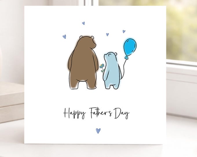Fathers Day Card, Brown Papa and Blue Child Bear, From Son