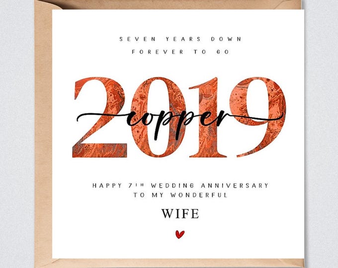 7th Wedding Anniversary Card, 2019 Copper, Him Her