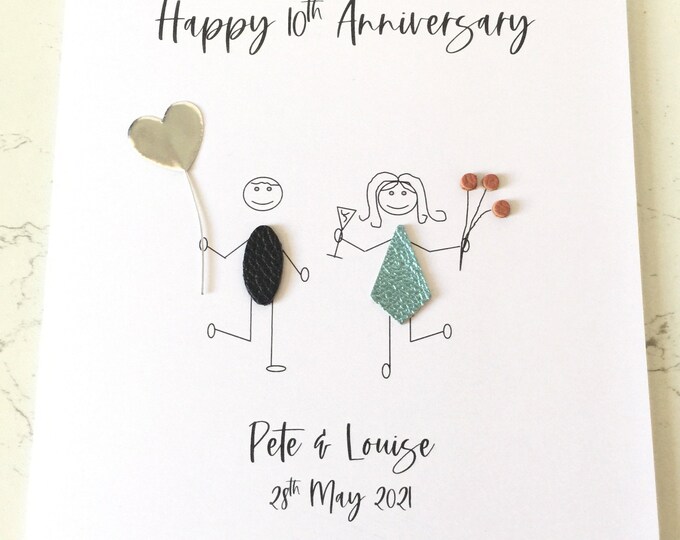 Personalised 10th Wedding Anniversary Card Stick Couple Leather Anniversary Card Him Her Couple