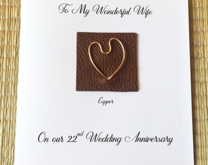 22nd Wedding Anniversary Card Copper Anniversary Her Him Wife Husband Handmade UK
