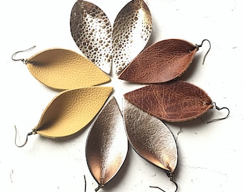 Leather Leaf Earrings Pinched Teardrop Petal Earrings Metallic Gold Spice Tan Sand Mother's Day Gift