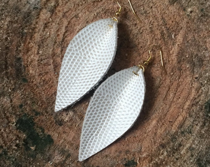 Leather Earrings Petal Leaf Teardrop White Embossed Snake Print Fashion Statement Earrings