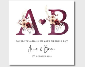 Wedding Day Card Personalised Burgundy White Floral Initials