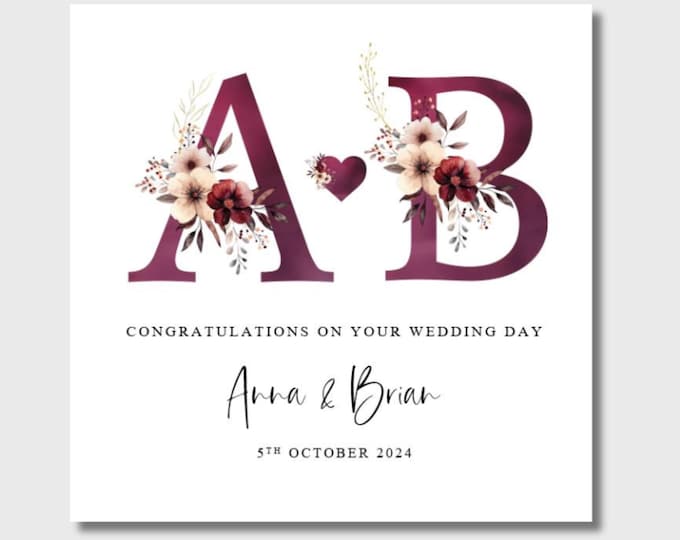 Wedding Day Card Personalised Burgundy White Floral Initials