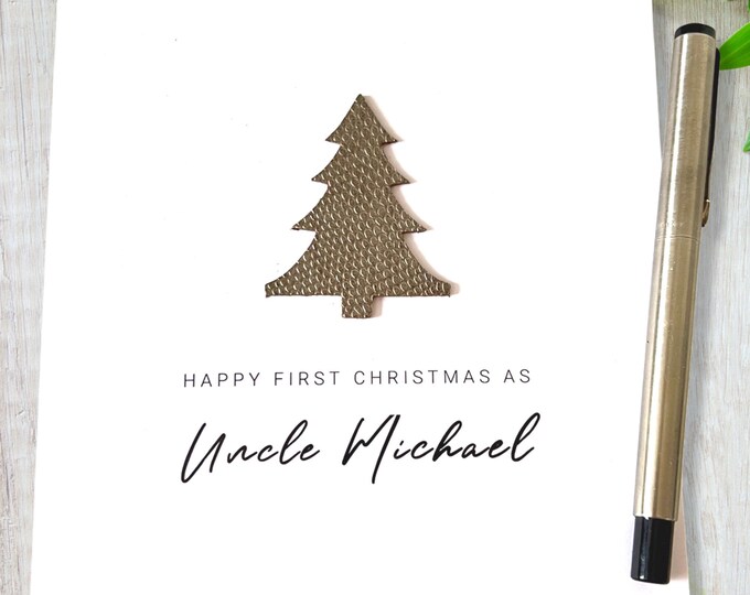 Personalised 1st Christmas Card as Uncle Aunt Leather Christmas Tree