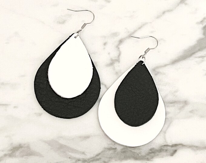 Leather Earrings Teardrop Double Layer Black and White Mothers Day Gift Dangle Earrings Boho