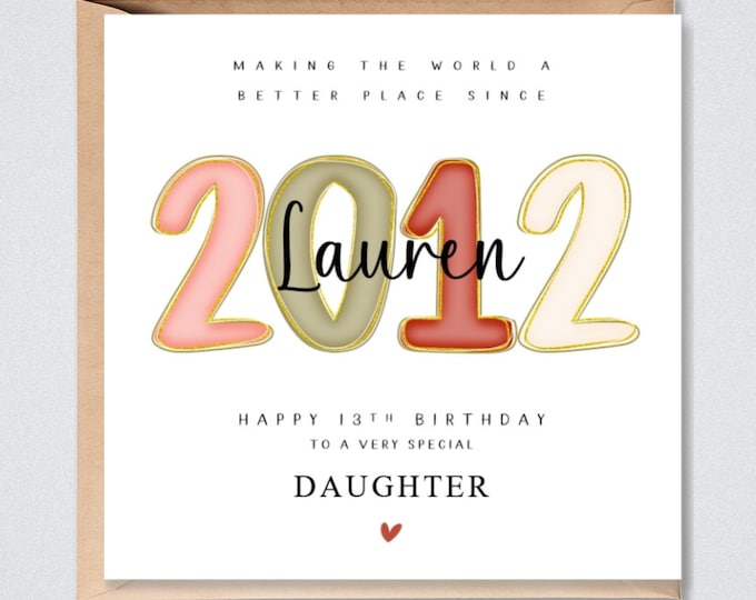 Personalised 13th Birthday Card 2012 Daughter, Granddaughter, Sister, Niece, Goddaughter