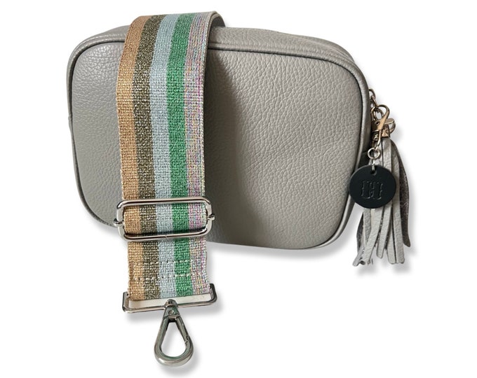 Grey Leather Bag Crossbody Personalised Camera Bag Rainbow Wide Canvas Strap and Leather Tag