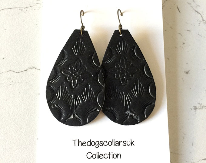Hand Tooled Leather Earrings Black Italian Tooling Leather Boho