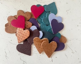 30 Leather Hearts Mixed Colours Tan Teal Purple Blue