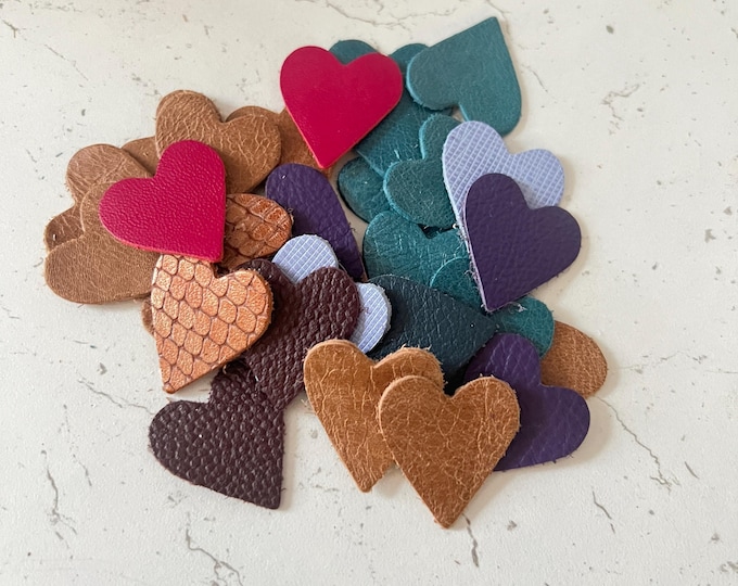 30 Leather Hearts Mixed Colours Tan Teal Purple Blue