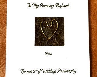 21st Wedding Anniversary Card, Brass Heart on Leather