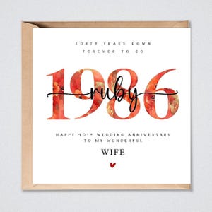40th Wedding Anniversary Card, 1986 Ruby 40 Years Down