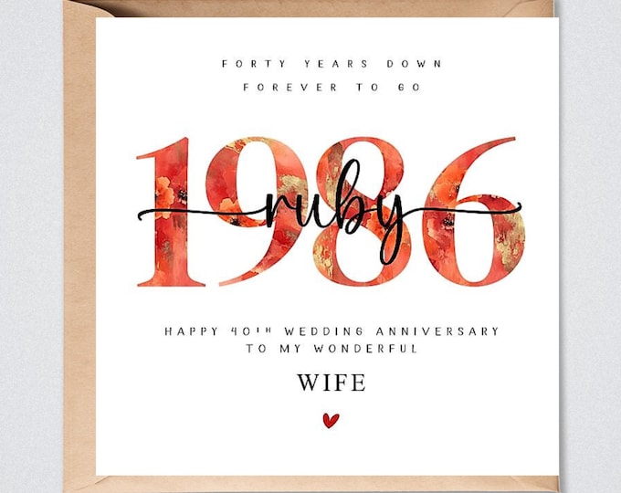 40th Wedding Anniversary Card, 1986 Ruby 40 Years Down