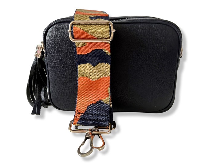 Navy Blue Leather Bag Crossbody Camera Bag Navy Orange Gold Wide Canvas Strap