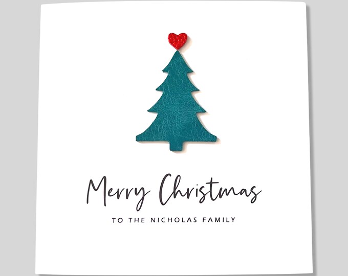 Christmas Card Personalised Family Name Leather Christmas Tree