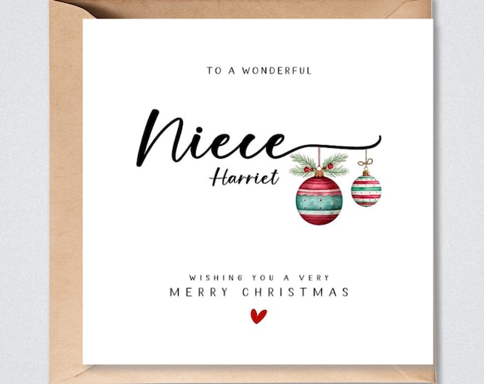 Personalised Niece Christmas Card Red Green Xmas Baubles