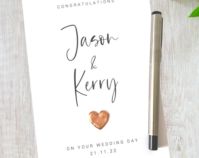 Personalised Wedding Day Card Copper Heart Wedding Card Christian Names