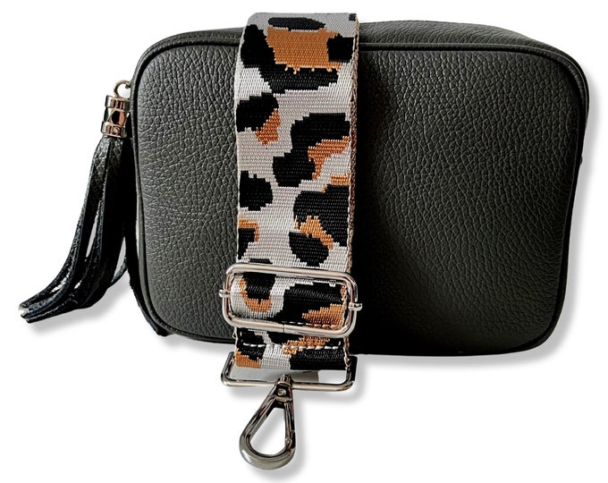 Grey Leather Bag Crossbody Camera Bag Black Silver Wide Canvas Strap