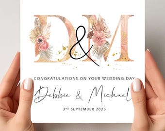 Wedding Day Card Personalised Peach Palm Initials