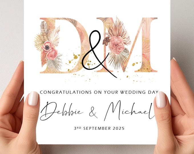 Wedding Day Card Personalised Peach Palm Initials