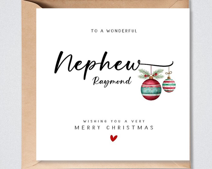 Personalised Nephew Christmas Card Green Baubles Xmas Card