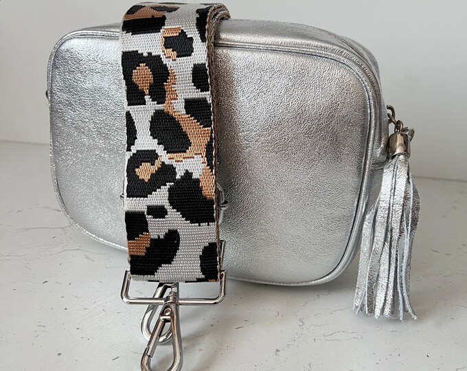 Metallic Silver Leather Bag Crossbody Wide Strap Camera Bag Black Silver Canvas Strap