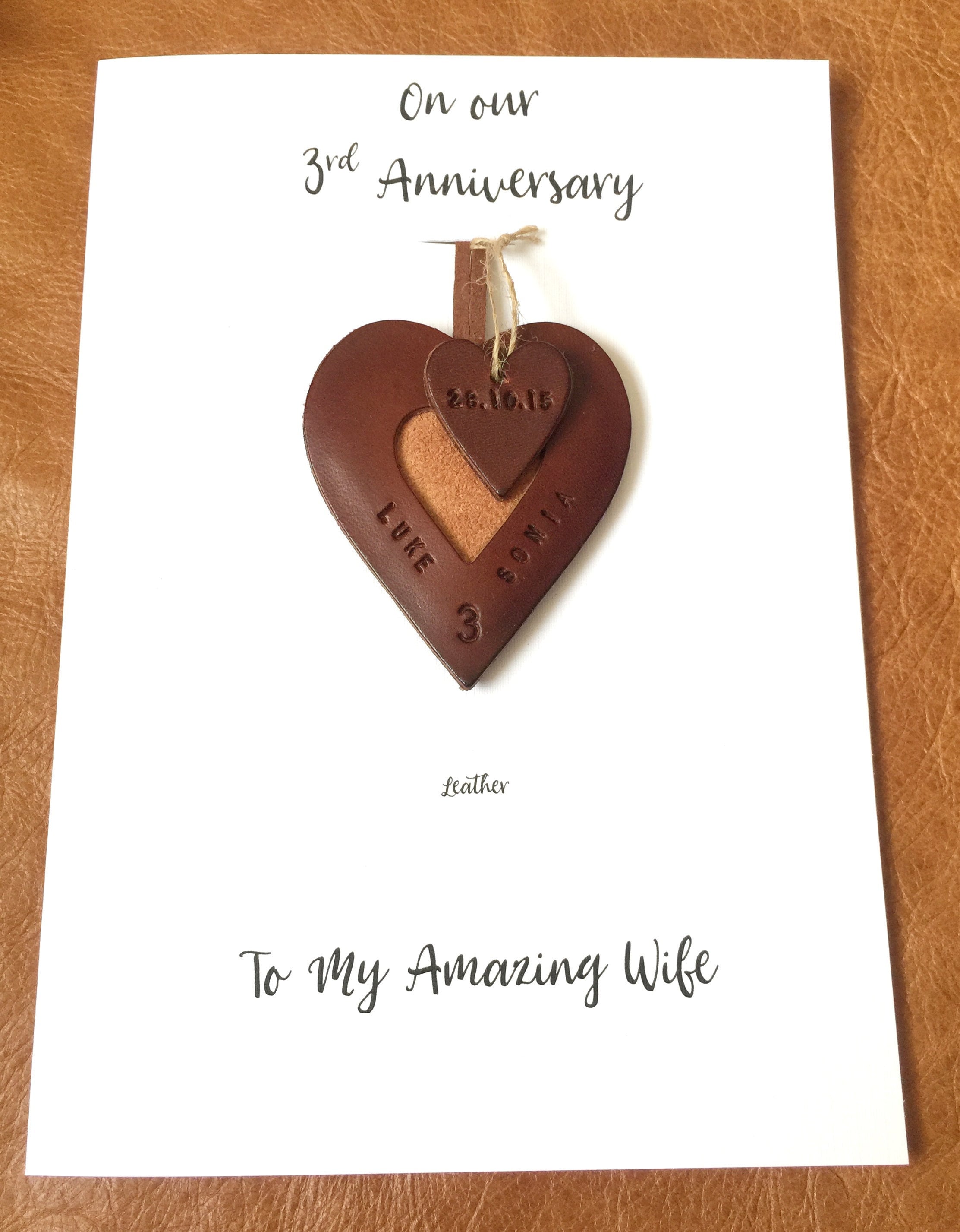 3rd Wedding Anniversary Card and Personalised Leather Heart Gift