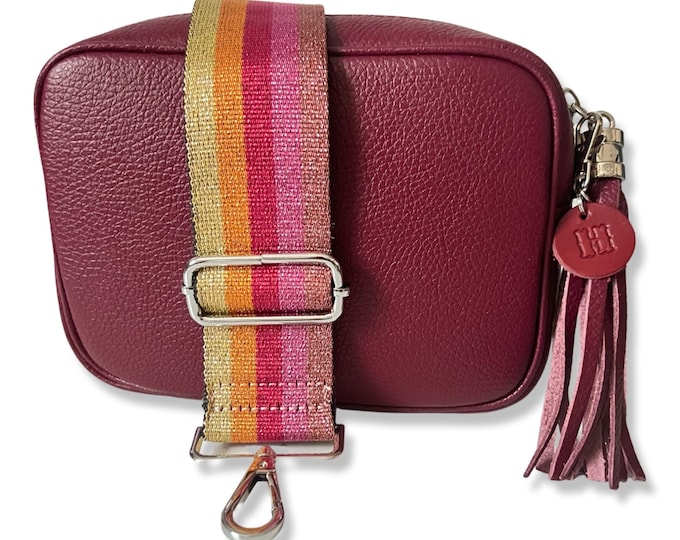Burgundy Leather Bag Crossbody Personalised Camera Bag Glitzy Stripe Wide Canvas Strap and Leather Tag