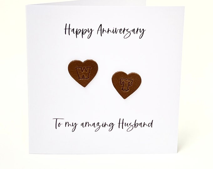 Personalised Anniversary Card Husband Wife Wedding Anniversary Card Brown Leather Hearts