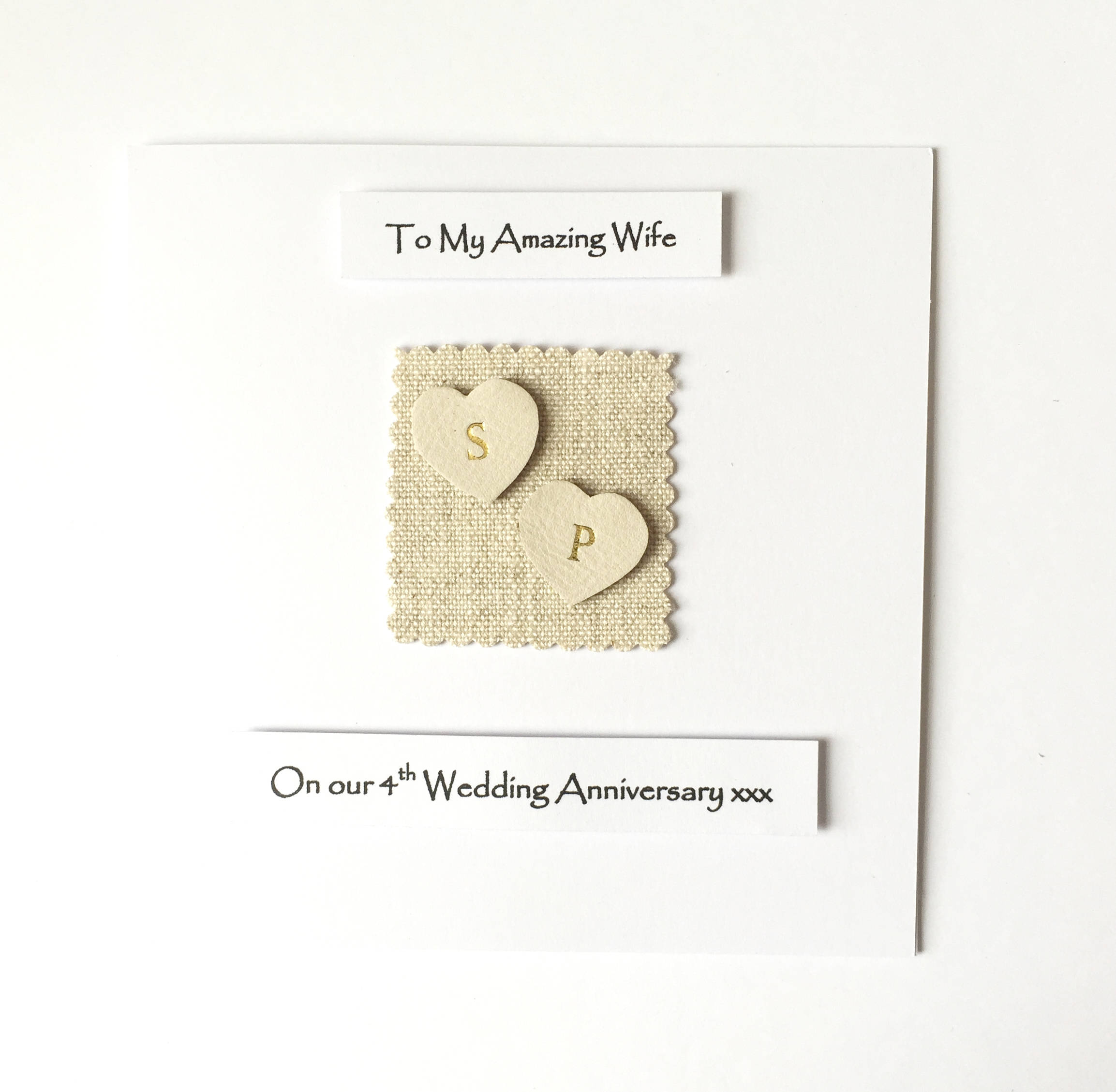 4th wedding anniversary card linen leather hearts