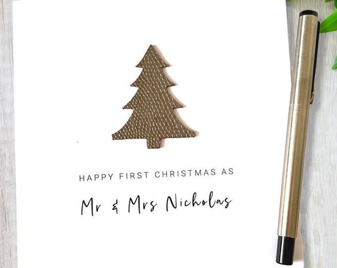 Personalised 1st Christmas Card as Mr & Mrs Leather Christmas Tree