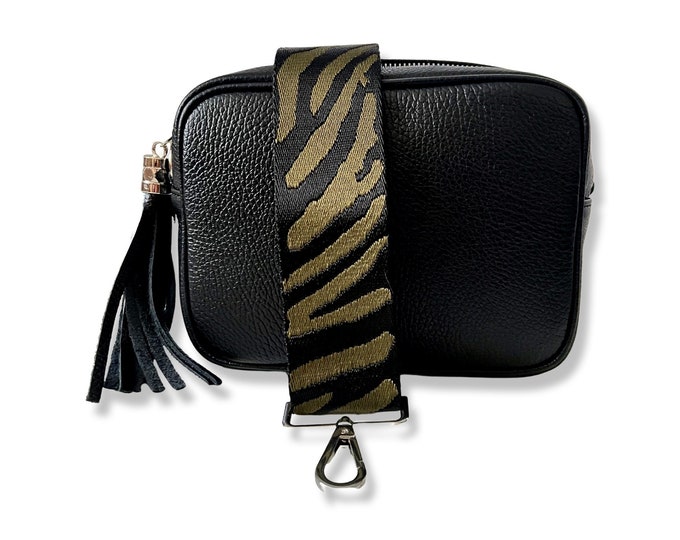 Black Leather Bag Crossbody Camera Bag Black Olive Wide Canvas Strap