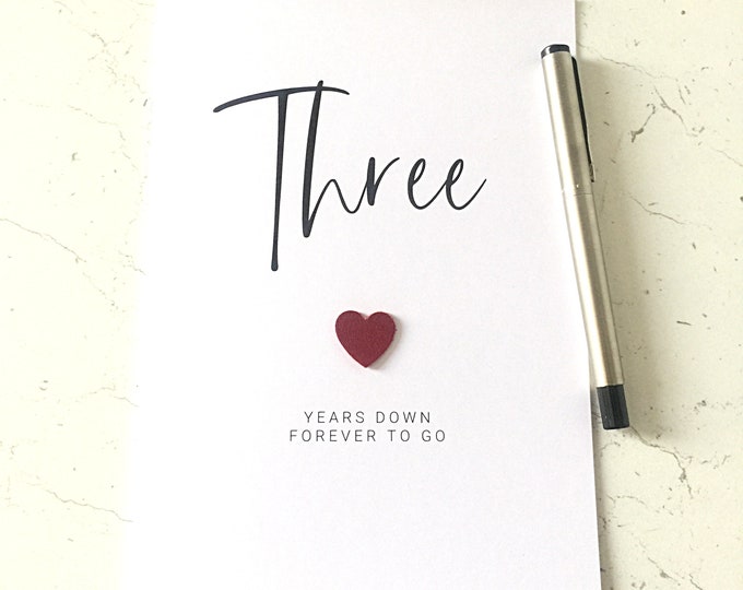 Three Years Down 3rd Wedding Anniversary Card Pottery Anniversary Wife Husband Him Her