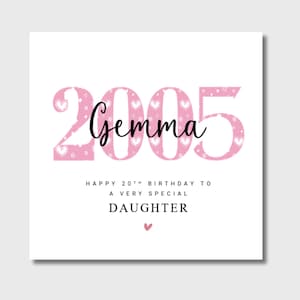 Carte 20e anniversaire fille personnalisée 2005 petite-fille soeur nièce elle
