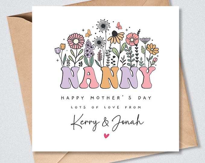 Personalised Mother's Day Card Nanny, Retro, Flowers